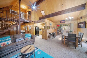 Smart TV, fireplace, books