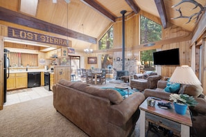 Smart TV, fireplace, books