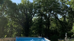 Une piscine entourée d’arbres.