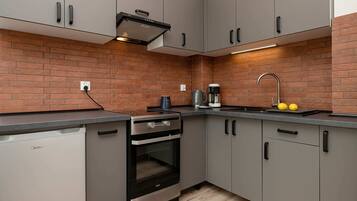 Fridge, oven, stovetop, coffee/tea maker