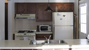 A kitchen with wooden cabinets, a stainless steel sink, a microwave, and a refrigerator. - Aspen House - Stunning 4 Bedroom A-Frame (Grand Marais)