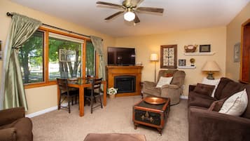 Smart TV, fireplace, DVD player, books