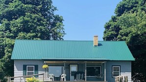 A single-story house with a green roof, a porch with two chairs, and a large tree stump in the front yard.