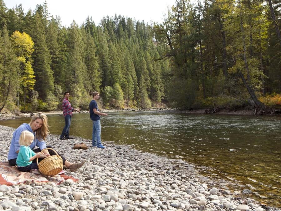 A riverbank with people sitting and standing, surrounded by trees.
