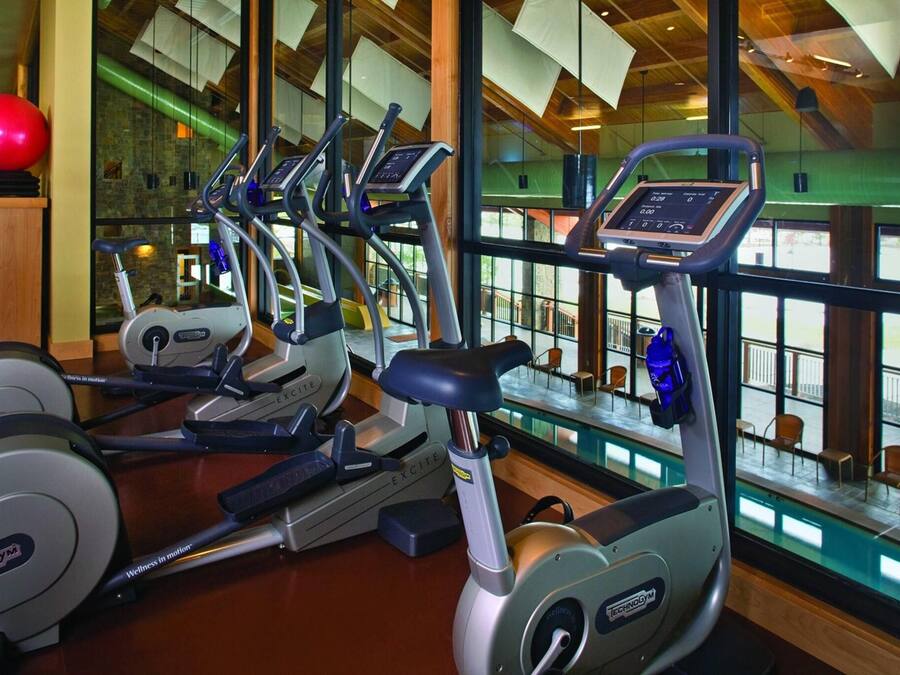 Een sportschool met meerdere loopbanden, een rode fitnessbal en uitzicht naar buiten door grote ramen.