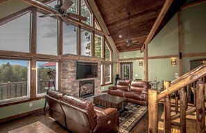 Smart TV, fireplace, foosball