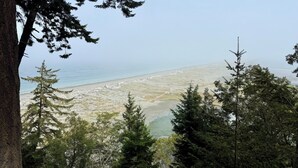 A coastal landscape with dense coniferous trees and a beach in the distance. - Dungeness Bay Bungalow- The Ultimate Couples Retreat (Sequim)
