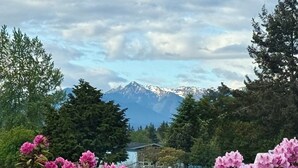 A view of a mountain range with snow-capped peaks under a partly cloudy sky. - Dungeness Bay Bungalow- The Ultimate Couples Retreat (Sequim)