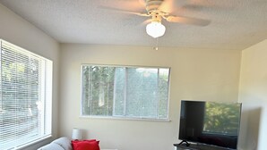 A living room with a sofa, a television on a stand, and a ceiling fan. - Dungeness Bay Bungalow- The Ultimate Couples Retreat (Sequim)