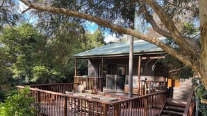 A wooden deck with outdoor seating and a covered area, surrounded by trees.