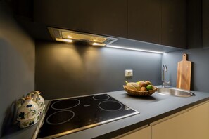 Fridge, stovetop, dishwasher, coffee/tea maker