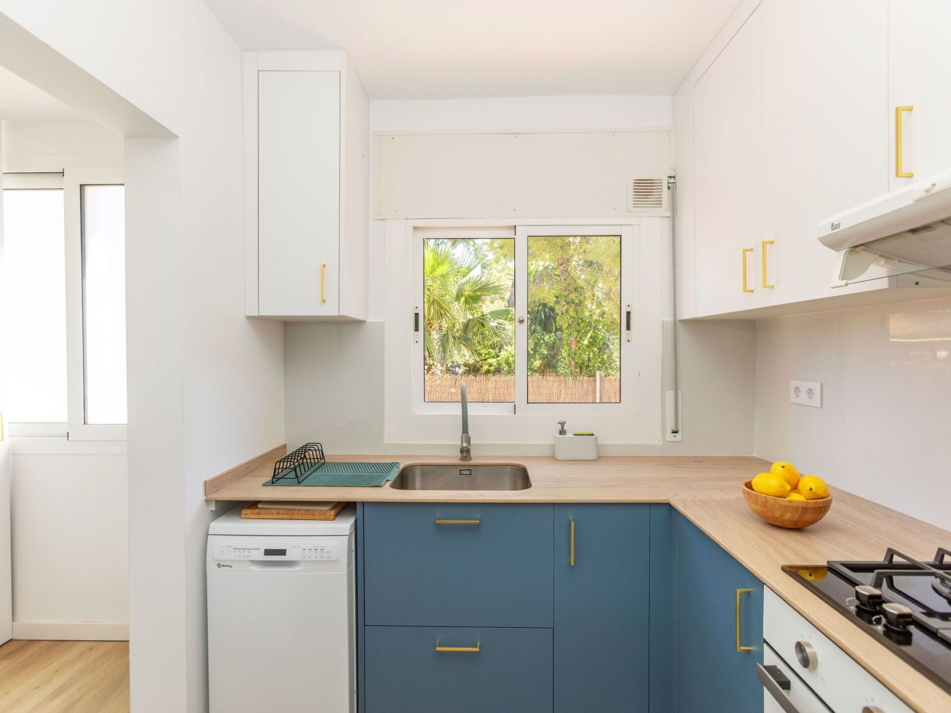 A modern kitchen with white cabinets, a blue countertop, a dishwasher, a stove, and a window with a view of greenery.