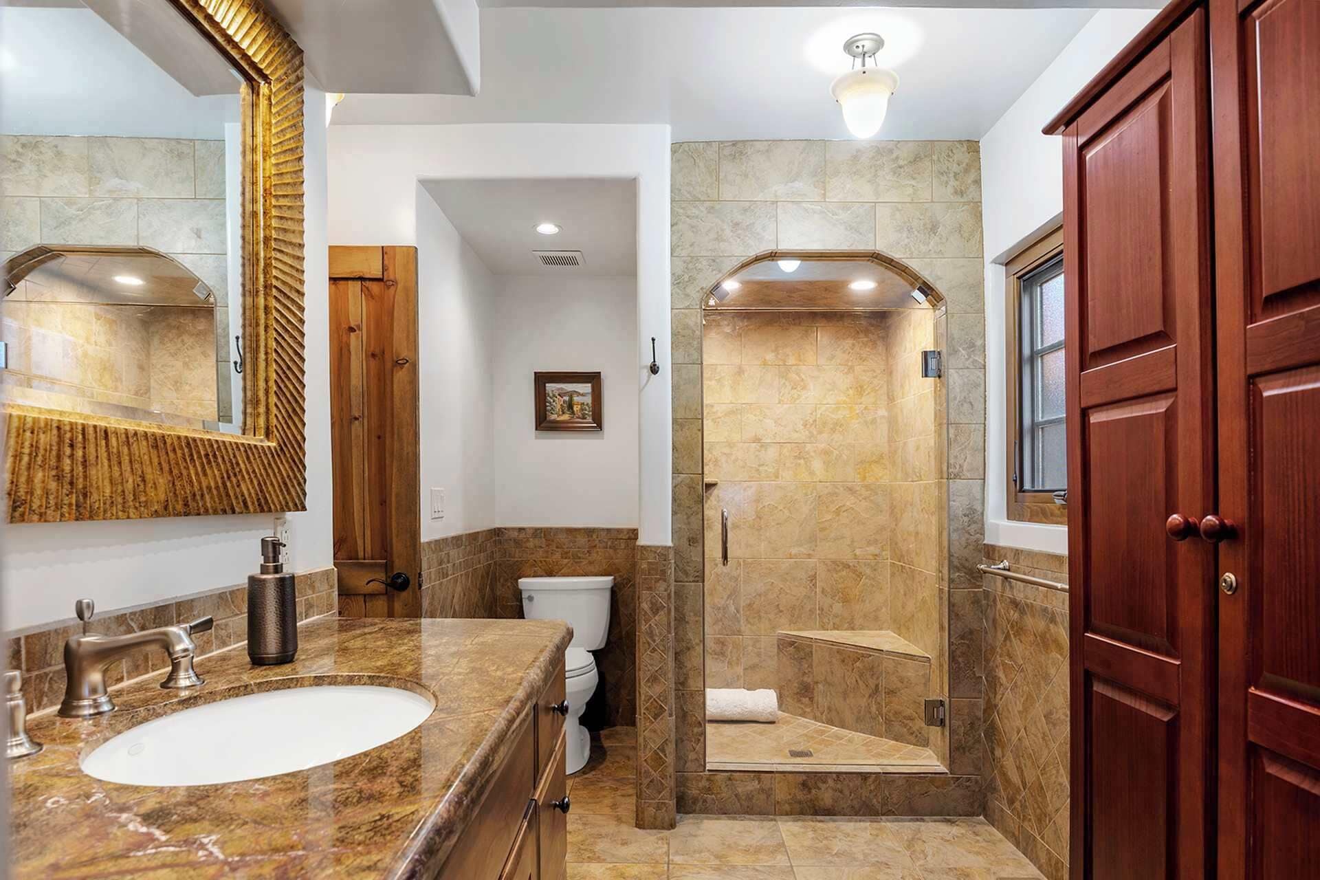 Shower, hair dryer, shampoo