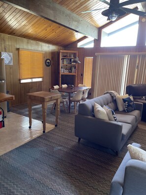 Smart TV, fireplace, DVD player, books