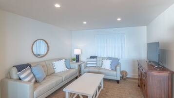 TV connectée, cheminée, livres