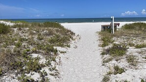 Un sentier de sable qui longe la plage et mène à un banc en bois et à un panneau indicateur, le tout étant entouré de végétation.