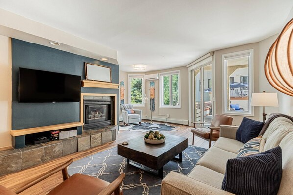 Smart TV, fireplace, books