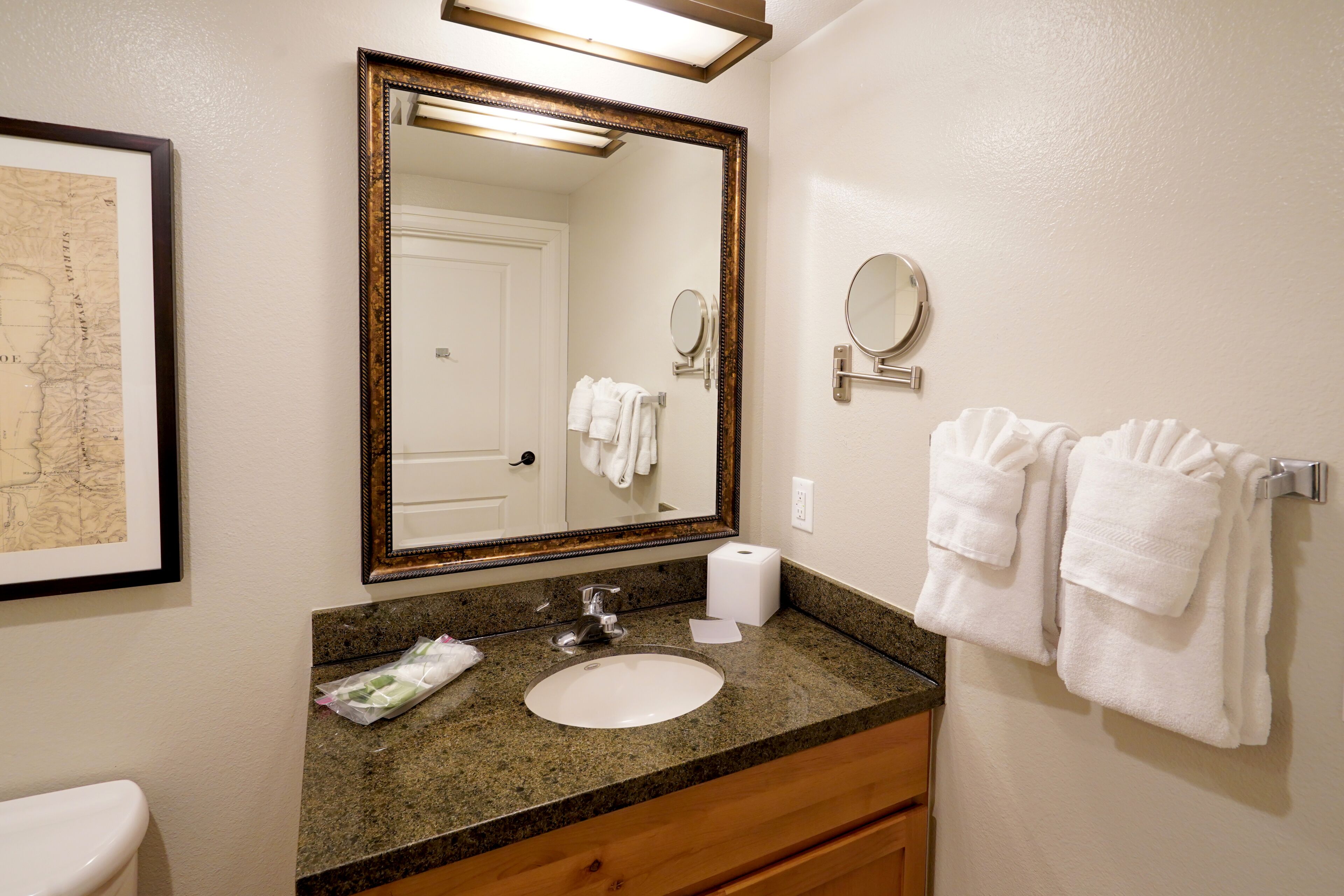 free toiletries, hair dryer, soap, shampoo