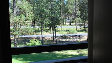 A window view of a forested area with a picnic table and chairs inside a building.
