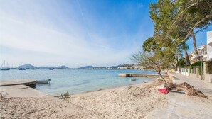 Una playa con barcos, un muelle y un árbol.