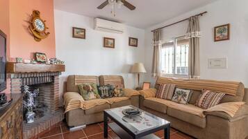 Télévision, cheminée, lecteur de DVD