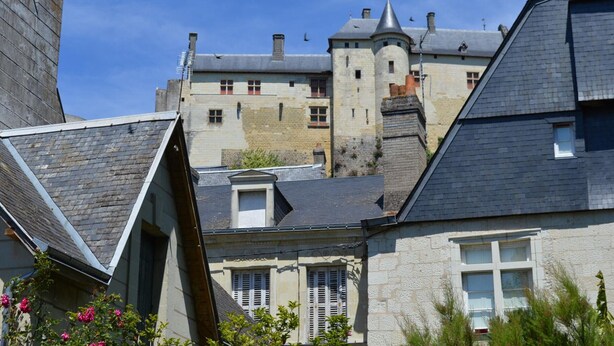A historic building with a prominent tower and multiple chimneys, surrounded by residential buildings with sloped roofs.