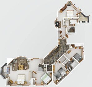 Ein 3D-Grundriss eines Hotels mit mehreren Schlafzimmern, einer Küche, einem Badezimmer und einem Wohnbereich.