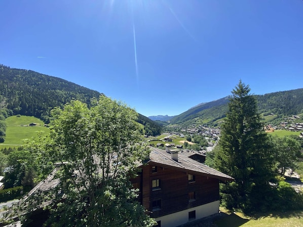 A mountain village with traditional wooden houses, surrounded by lush greenery and clear blue skies.