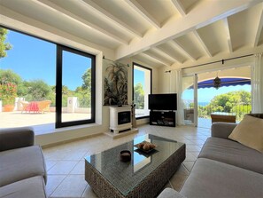 Een smart-tv, een open haard, een dvd-speler en een filmbibliotheek