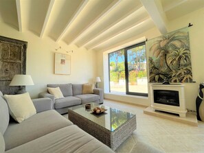 Een smart-tv, een open haard, een dvd-speler en een filmbibliotheek