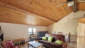 Ein Zimmer mit Holzboden, einem braunen Ledersofa mit grünen Kissen, einem Korbstuhl, einem kleinen Tisch und sechseckigem Bodenbelag.