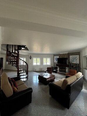 Smart TV, caminetto, libri