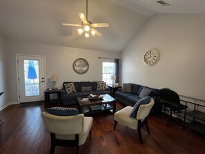 Smart TV, fireplace, books