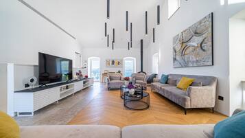 TV connectée, cheminée, livres