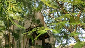 A covered walkway with a rustic stone archway, surrounded by lush greenery and palm trees. - One Bedroom Cottage on Peter Bay Beach (St John)