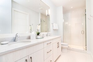 Shower, hair dryer, towels