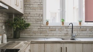 Eine Küche mit Backsteinwand, Holzschränken, einer Edelstahl-Spüle und Blumentöpfen am Fensterbrett.
