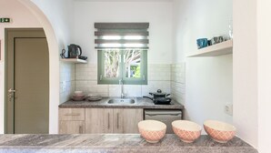 Eine kleine Küche mit Spüle, Arbeitsplatte und Holzausstattung. Über der Spüle befindet sich ein Fenster und links eine Tür.