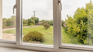 Janela com vista para um jardim, um caminho e um poste.