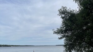 A beach with a sandy shore, calm water, and a distant tree line.