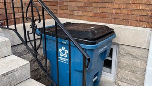 A blue recycling bin with a recycling symbol and the text "Republic Services" placed next to a brick building with a window and a black metal staircase. - Lg Historic.  2 bulk MSU. Hammond.  OTC.  Downtown close (Springfield)