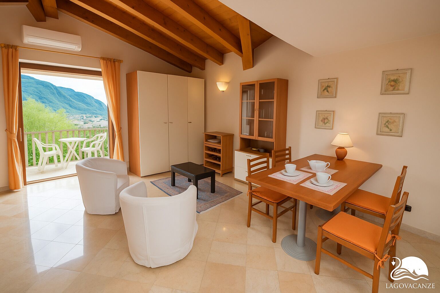 A room with a balcony, a dining table with chairs, a sofa, a cabinet, and a lamp.