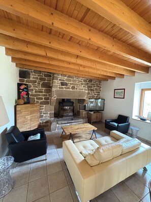 Televisie, een open haard, videospelletjes en een kantoor