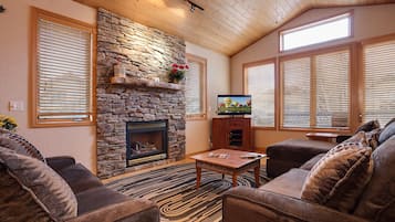 Flat-screen TV, fireplace