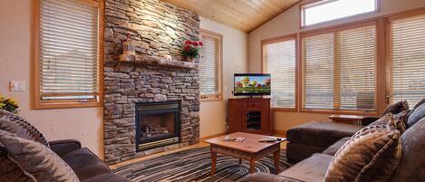 Flat-screen TV, fireplace