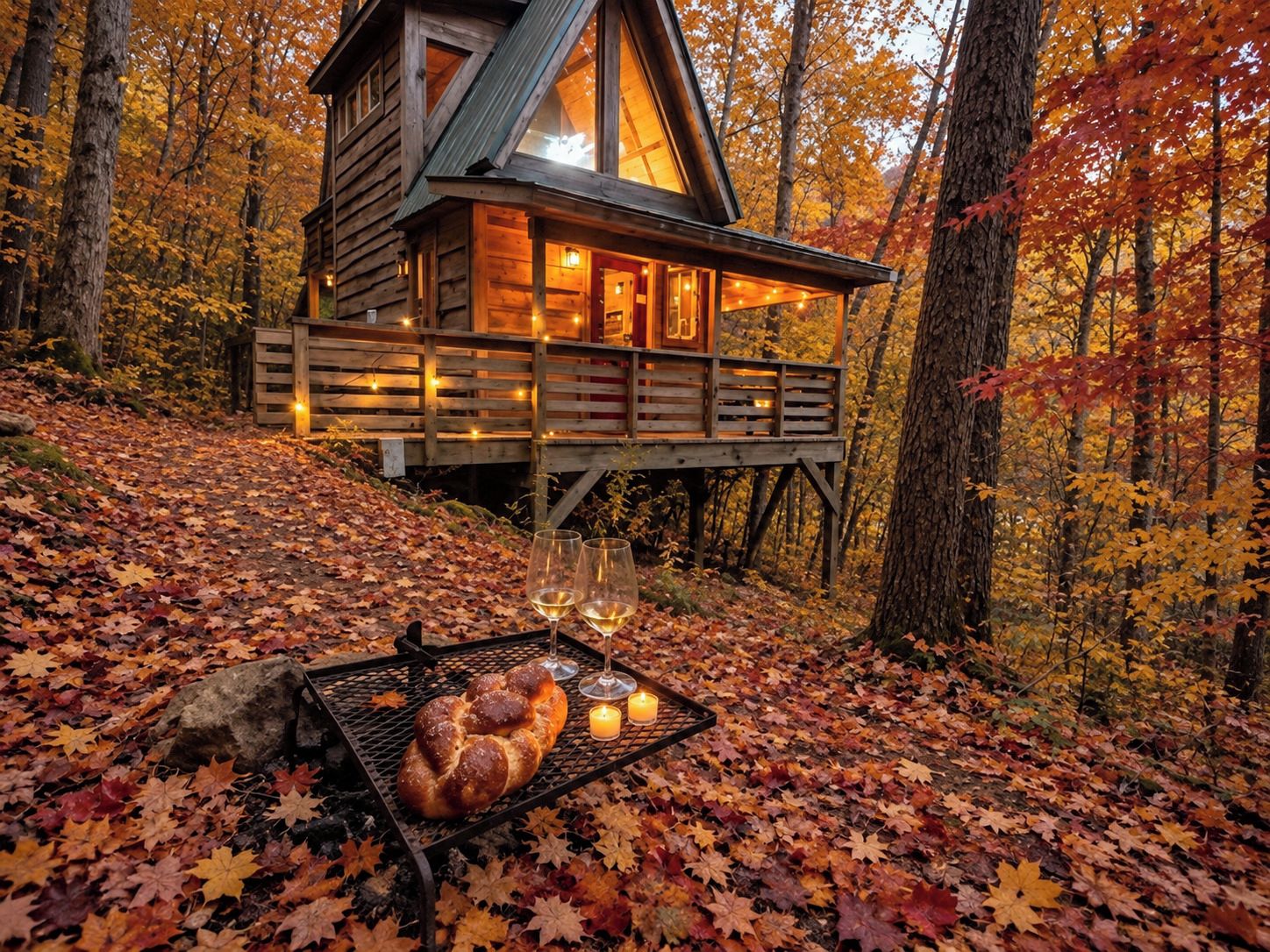 A wooden cabin with a balcony, surrounded by autumn leaves.
