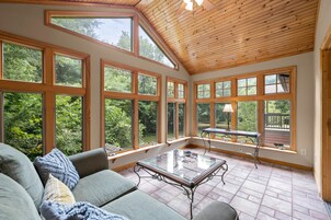 Chalet | Living area | 65-inch LED TV with satellite channels, TV, fireplace