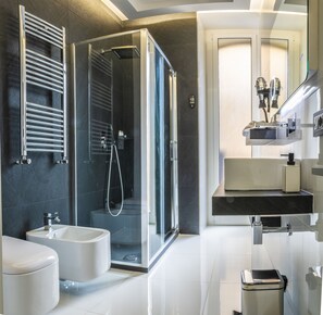 Douche, sĂšche-cheveux, bidet, serviettes fournies