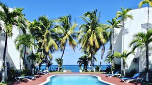 Une piscine dont la profondeur est indiquée à 3 pieds, entourée de palmiers et de chaises longues, et offrant une vue sur l’océan.