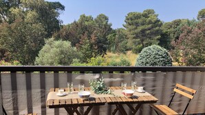 Une terrasse extérieure avec une table et des chaises en bois, une petite plante en pot et une vue sur une zone boisée.